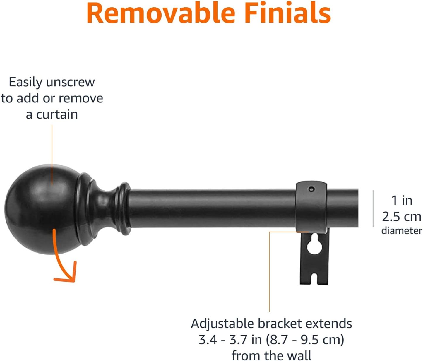 2.5cm Curtain Rod with Round Finials - 1-Pack, 183cm -366cm, Black