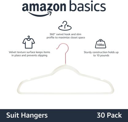 Velvet, Non-Slip Suit Clothes Hangers, Ivory/Rose Gold - Pack of 30