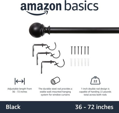 2.5cm Curtain Rod with Round Finials - 1-Pack, 183cm -366cm, Black