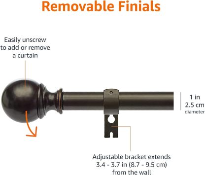 2.5cm Curtain Rod with Round Finials - 1-Pack, 183cm -366cm, Black