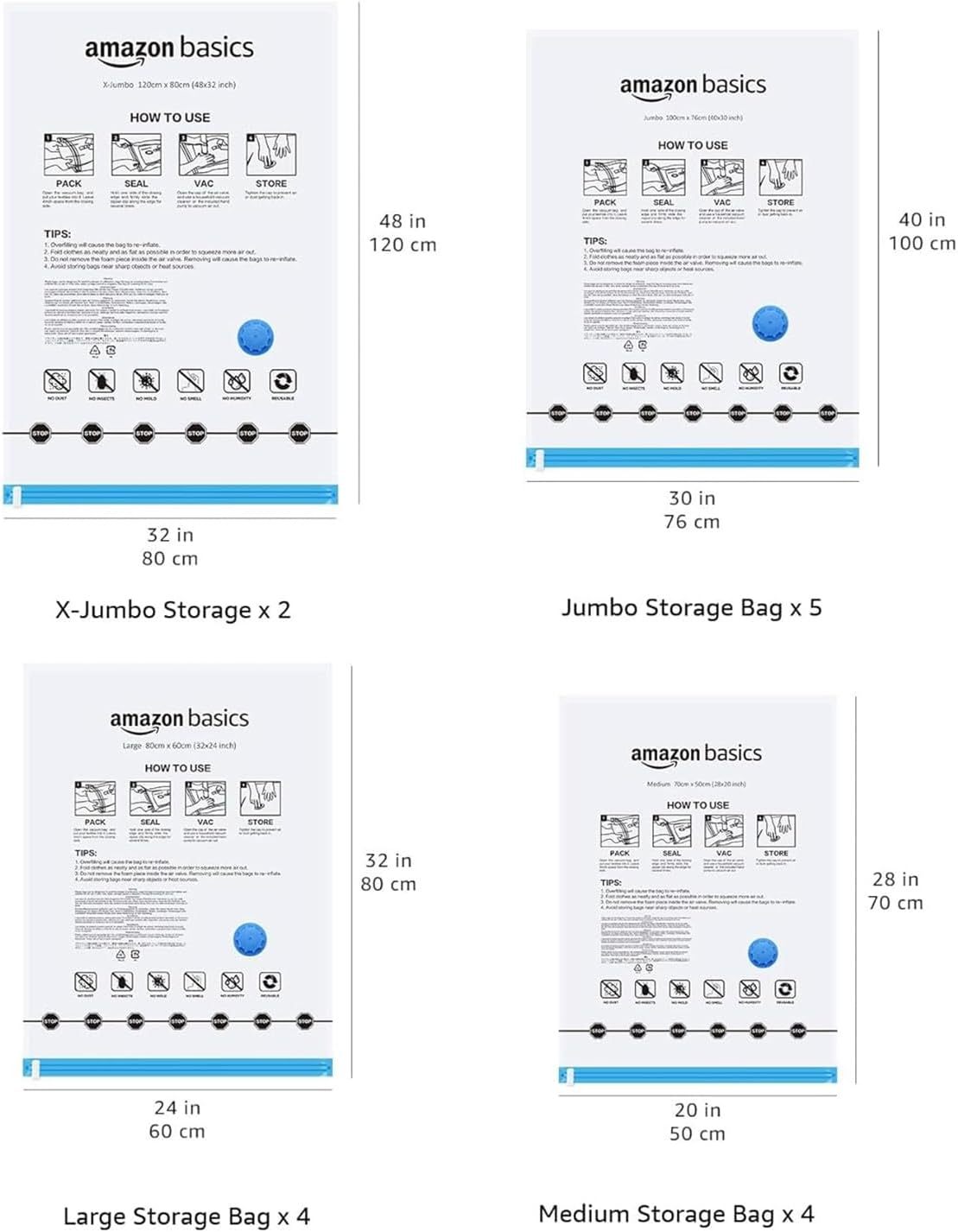 Vacuum Compression Space Saving Storage Bags with Hand Pump, Jumbo, Pack of 6, Clear