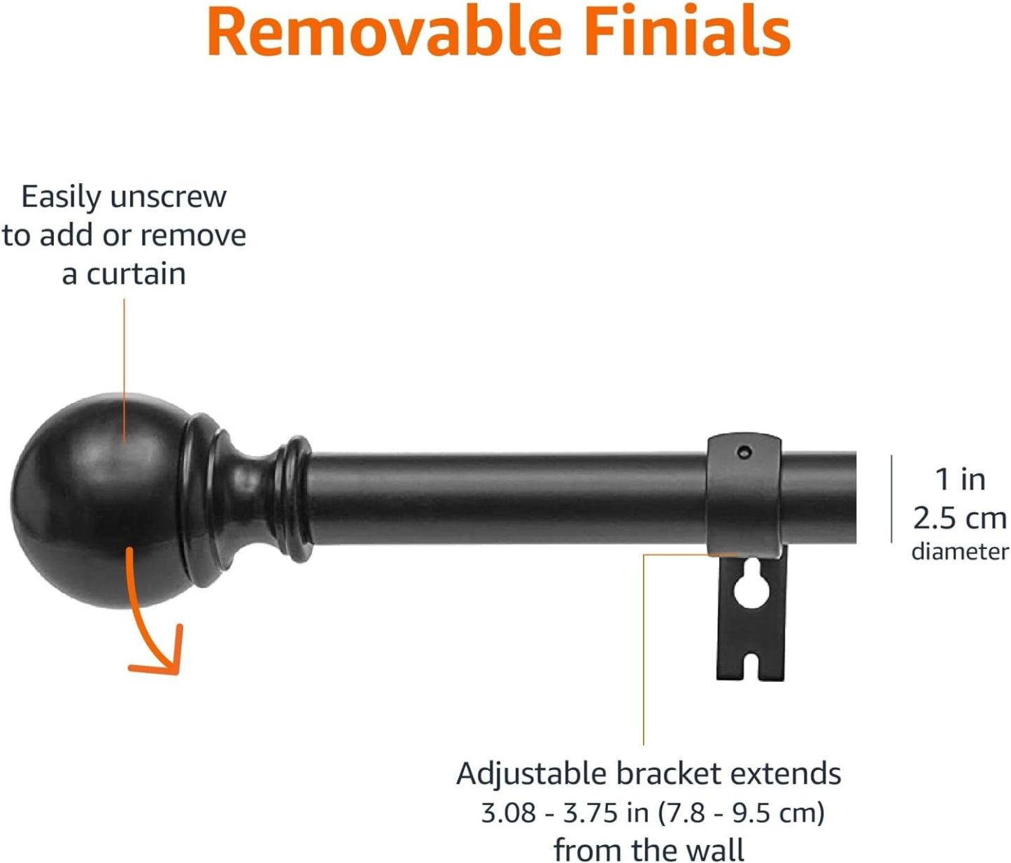 2.5cm Curtain Rod with Round Finials - 1-Pack, 183cm -366cm, Black