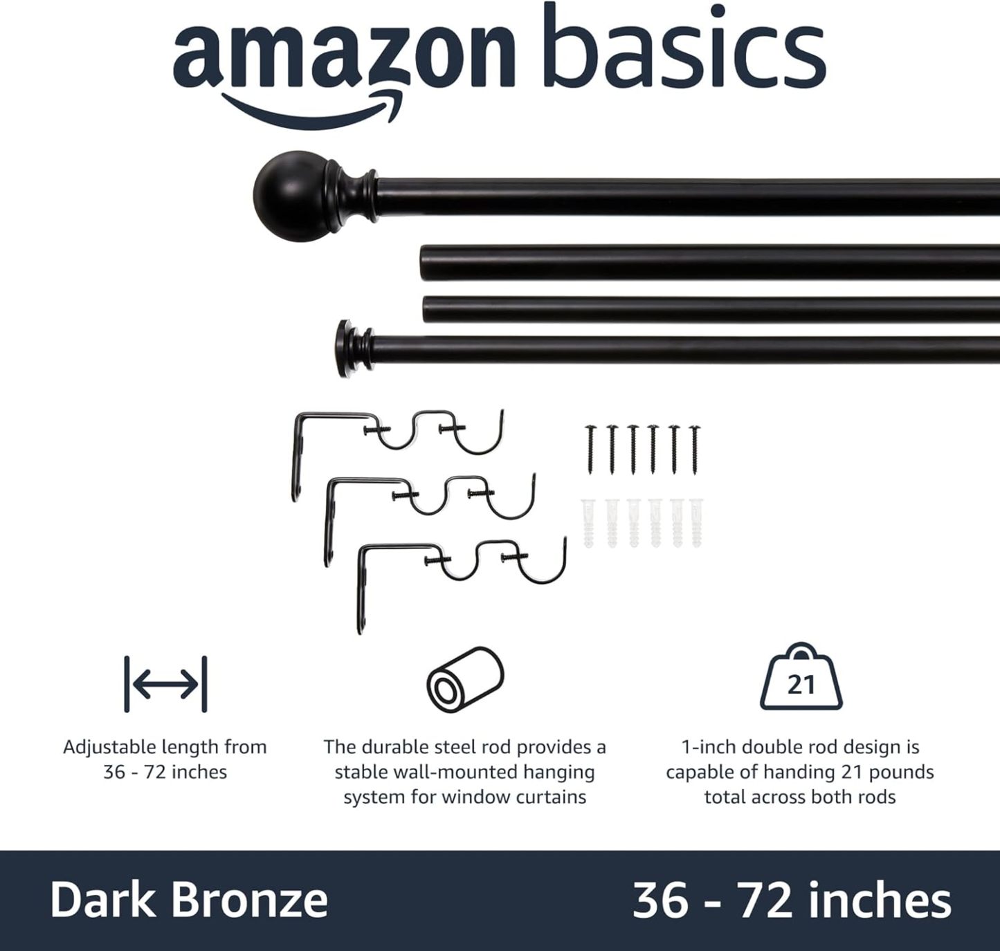 2.5cm Curtain Rod with Round Finials - 1-Pack, 183cm -366cm, Black