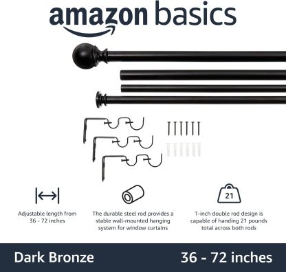 2.5cm Curtain Rod with Round Finials - 1-Pack, 183cm -366cm, Black