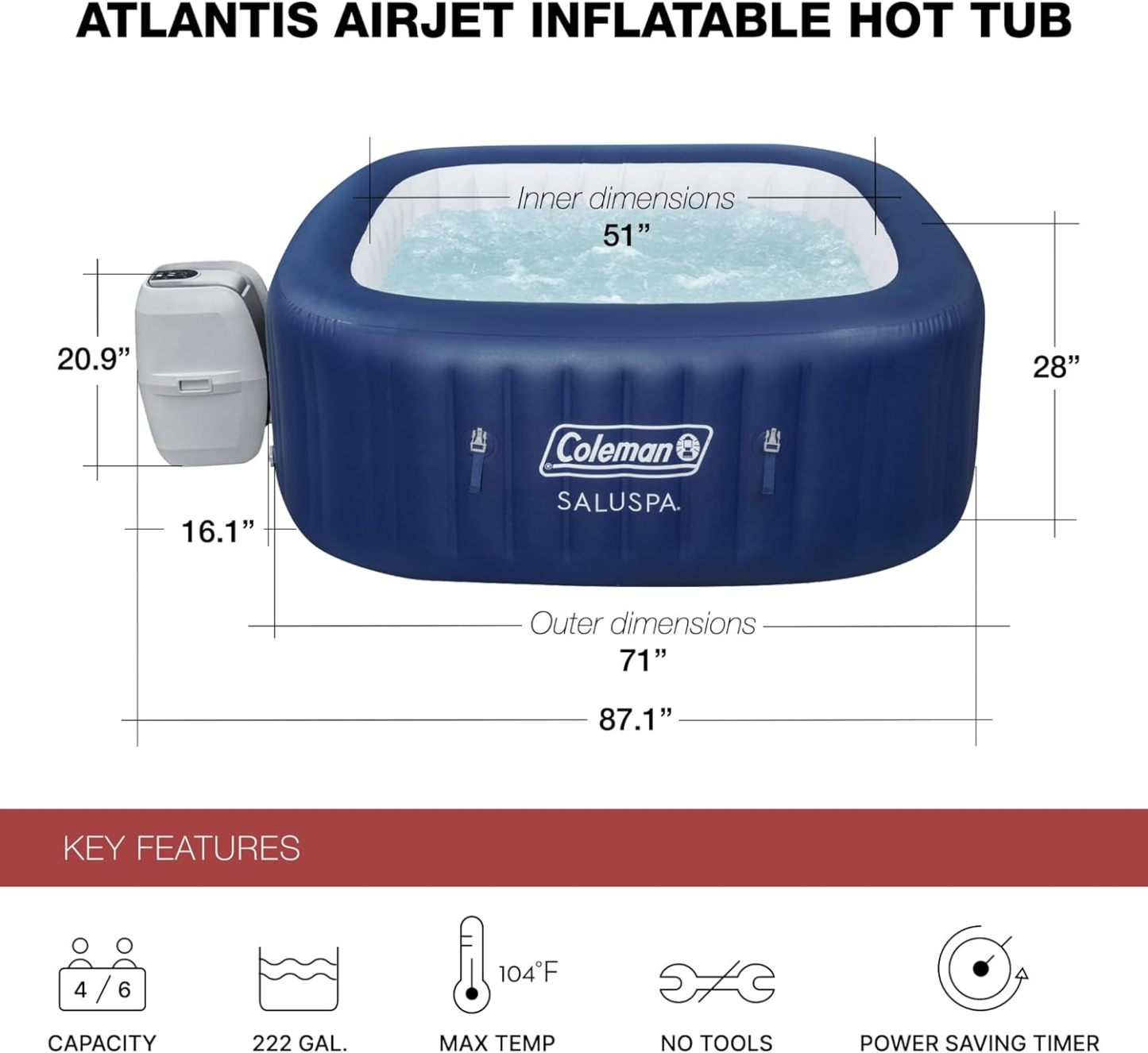 Coleman SaluSpa AirJet Inflatable Hot Tub Square Portable Outdoor Spa（4 to 6 Person）