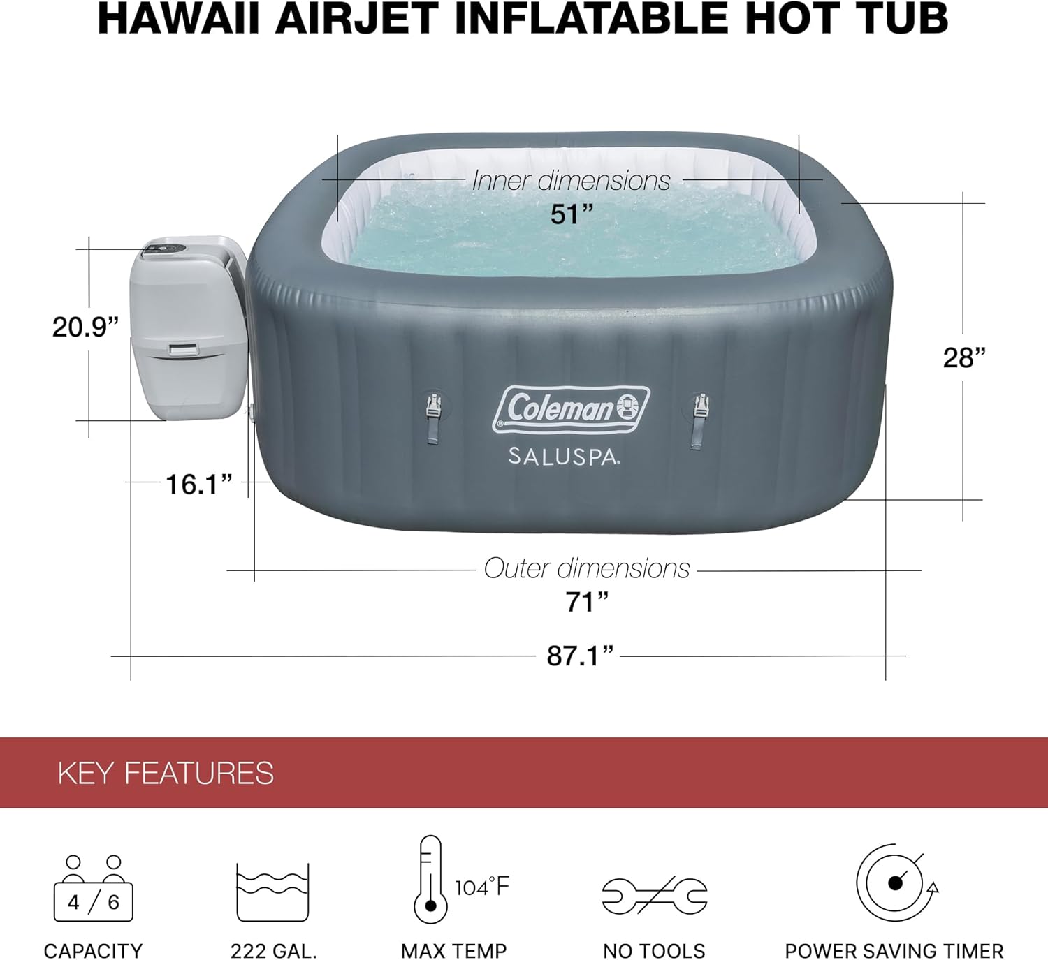 Coleman SaluSpa AirJet Inflatable Hot Tub Square Portable Outdoor Spa（4 to 6 Person）