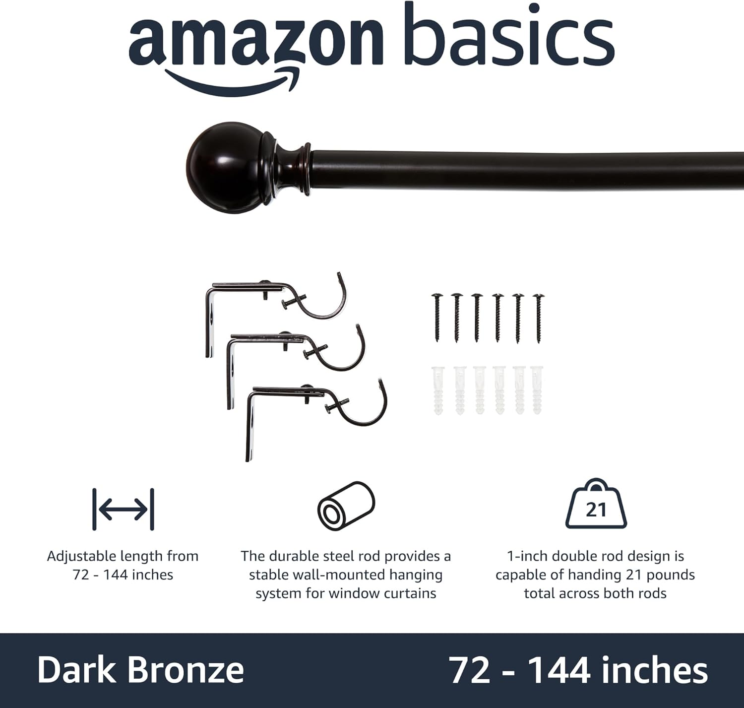 2.5cm Curtain Rod with Round Finials - 1-Pack, 183cm -366cm, Black