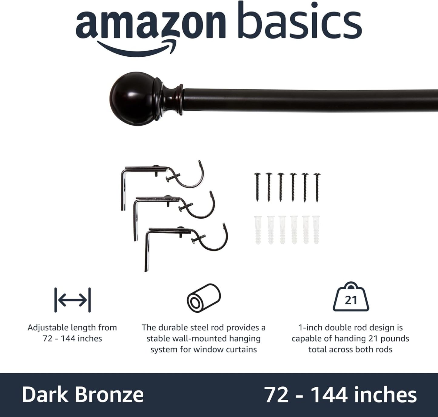 2.5cm Curtain Rod with Round Finials - 1-Pack, 183cm -366cm, Black