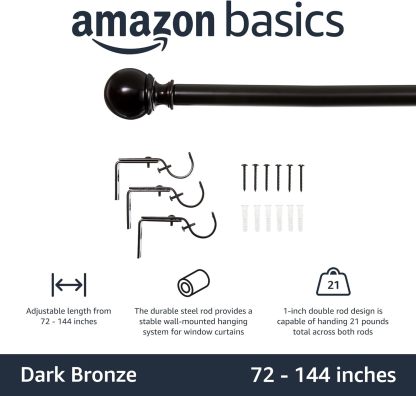 2.5cm Curtain Rod with Round Finials - 1-Pack, 183cm -366cm, Black