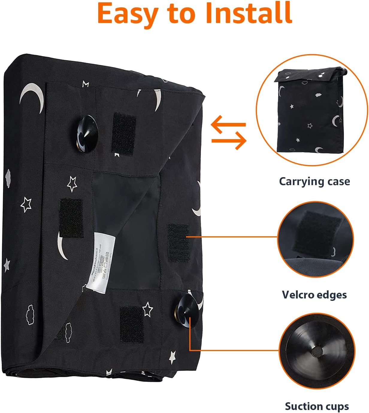 Portable Window Blackout Shades with Suction Cups, Moon and Stars Design, 78 x 50 Inch, 1 Pack