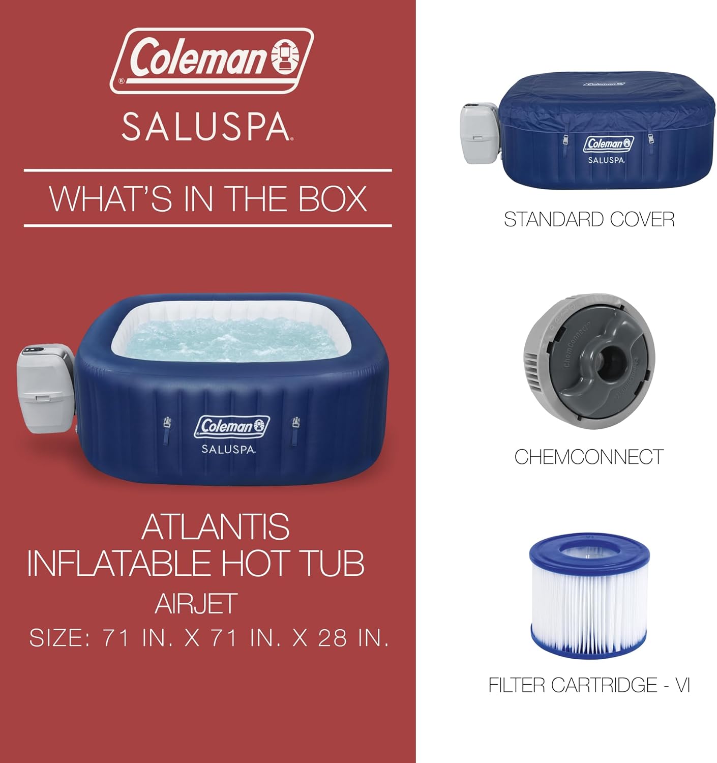 Coleman SaluSpa AirJet Inflatable Hot Tub Square Portable Outdoor Spa（4 to 6 Person）