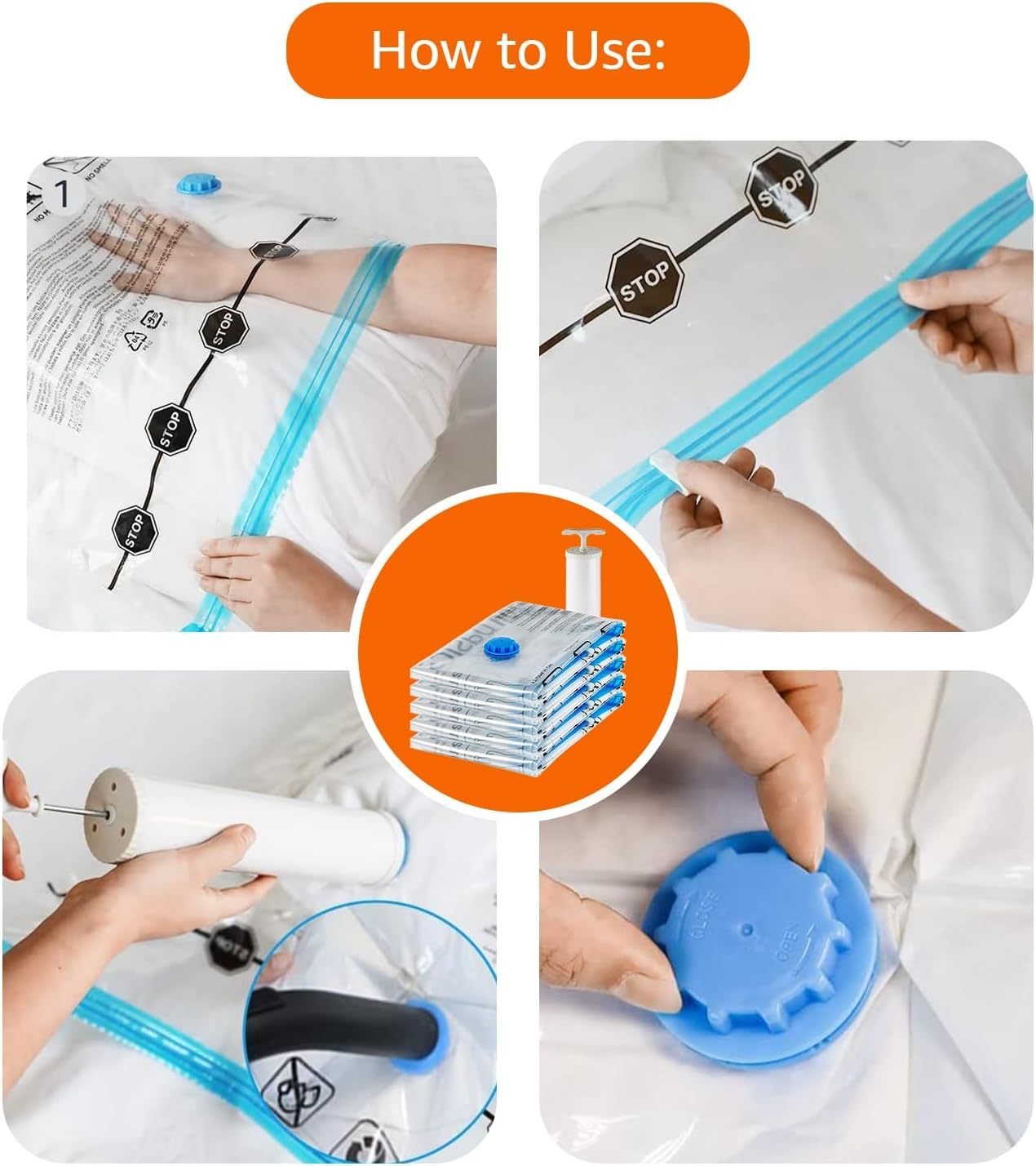 Vacuum Compression Space Saving Storage Bags with Hand Pump, Jumbo, Pack of 6, Clear