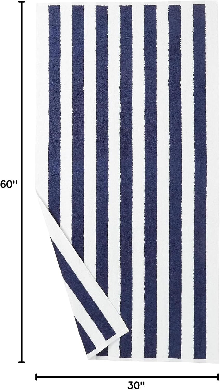 100% Cotton Terry Absorbent Cabana Stripe Pool & Beach Towel, Soft & Large, 2-Pack, Navy Blue, 30 in x 60 in