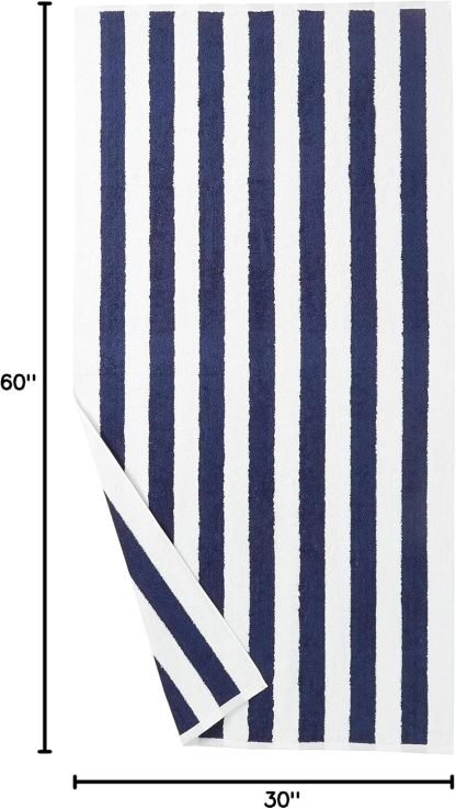 100% Cotton Terry Absorbent Cabana Stripe Pool & Beach Towel, Soft & Large, 2-Pack, Navy Blue, 30 in x 60 in