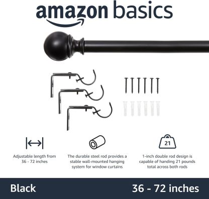 2.5cm Curtain Rod with Round Finials - 1-Pack, 183cm -366cm, Black
