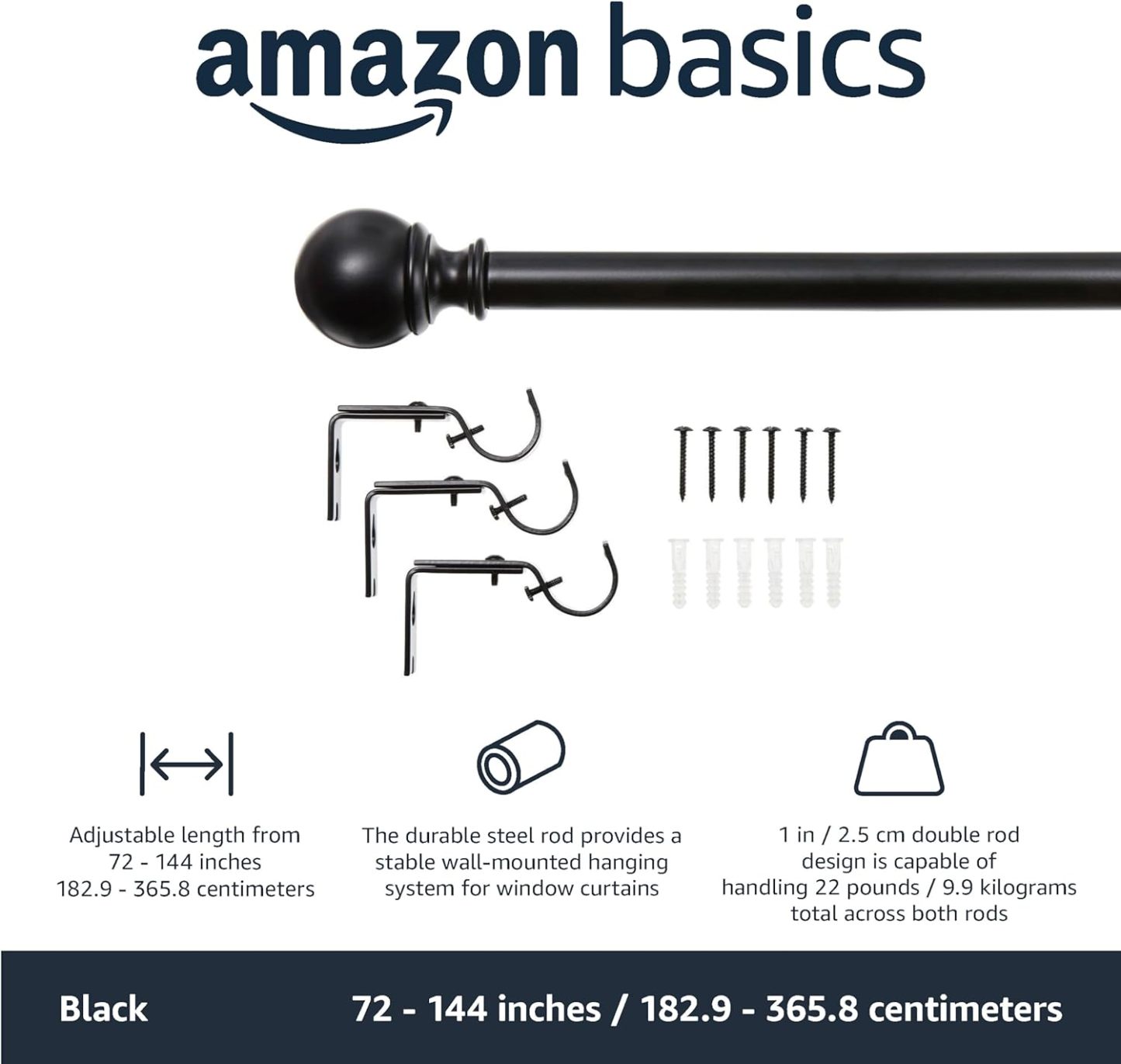 2.5cm Curtain Rod with Round Finials - 1-Pack, 183cm -366cm, Black