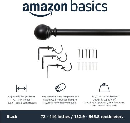 2.5cm Curtain Rod with Round Finials - 1-Pack, 183cm -366cm, Black