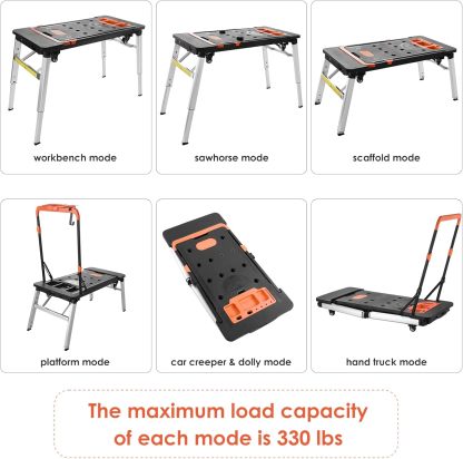 TLGREEN Multifunctional Folding Work Table, 7 in 1 Work Benches for Garage, as Portable Workbench, Sawhorse, Scaffold, Platform, Car Creeper, Dolly and Hand Truck, with 4 Wheels