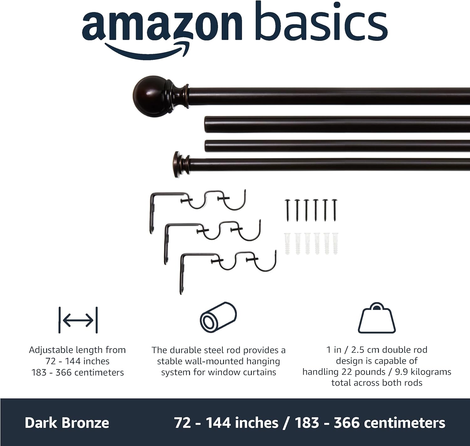 2.5cm Curtain Rod with Round Finials - 1-Pack, 183cm -366cm, Black