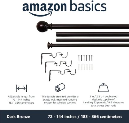 2.5cm Curtain Rod with Round Finials - 1-Pack, 183cm -366cm, Black