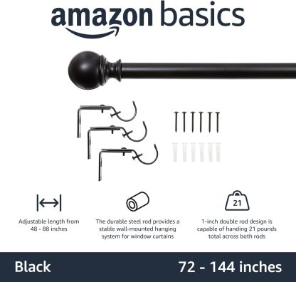2.5cm Curtain Rod with Round Finials - 1-Pack, 183cm -366cm, Black