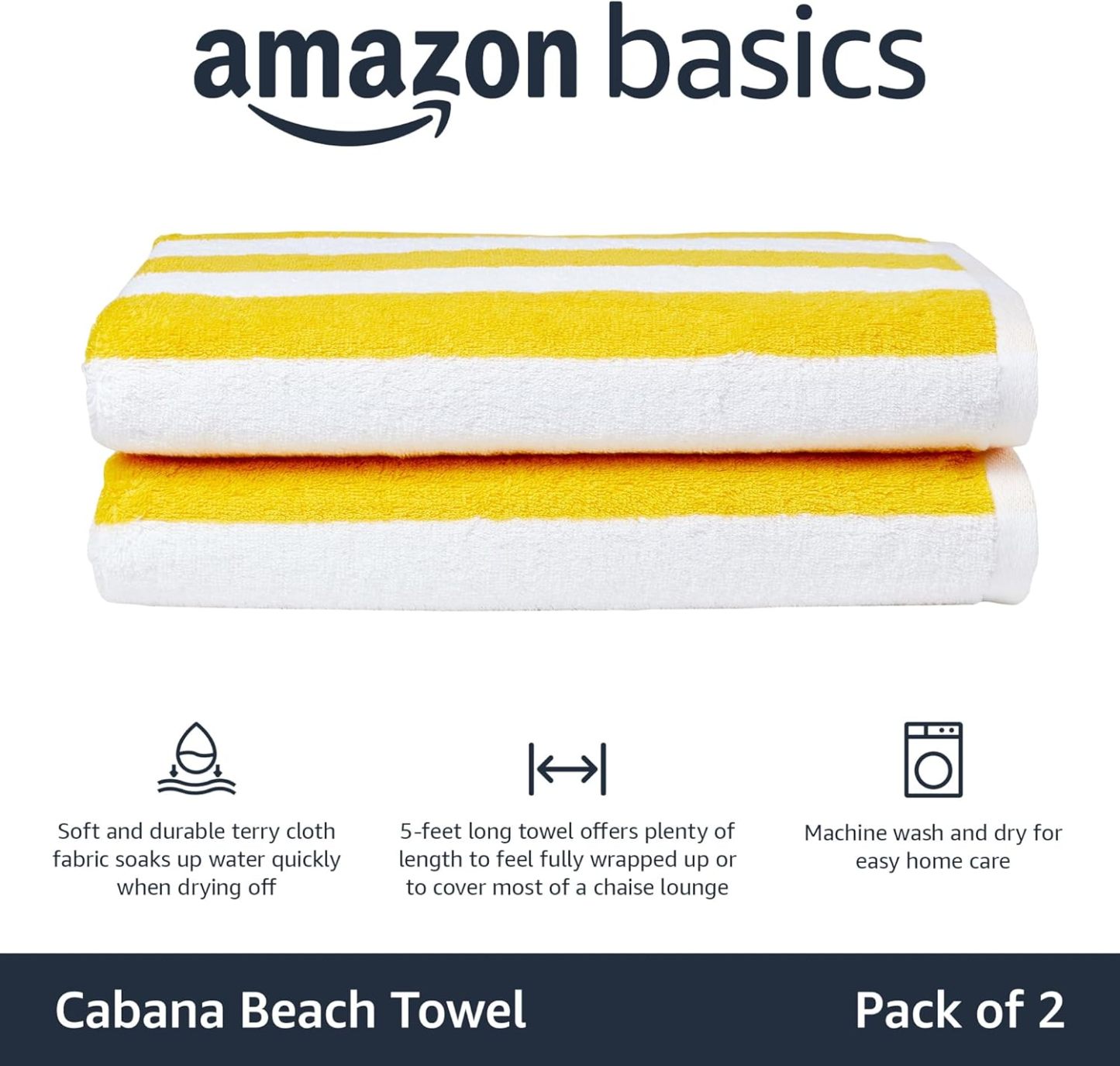 100% Cotton Terry Absorbent Cabana Stripe Pool & Beach Towel, Soft & Large, 2-Pack, Navy Blue, 30 in x 60 in
