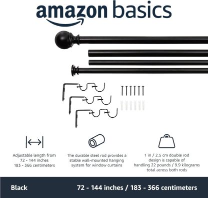 2.5cm Curtain Rod with Round Finials - 1-Pack, 183cm -366cm, Black