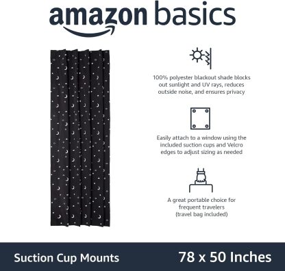 Portable Window Blackout Shades with Suction Cups, Moon and Stars Design, 78 x 50 Inch, 1 Pack