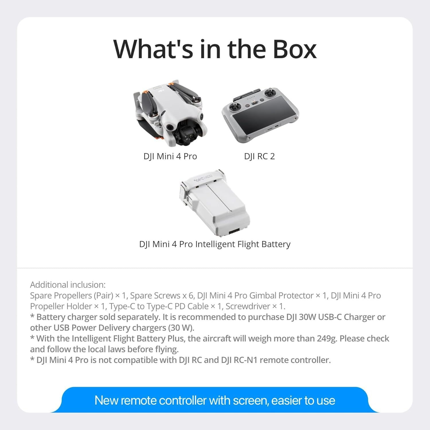 DJI Mini 4 Pro (DJI RC 2), Drones with Camera for Adults 4K, Under 0.549 lbs/249 g, 34 Mins Flight Time, 20km Max Video Transmission Distance, Omnidirectional Vision Sensing, Mini Drone for Beginners