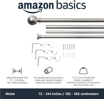 2.5cm Curtain Rod with Round Finials - 1-Pack, 183cm -366cm, Black