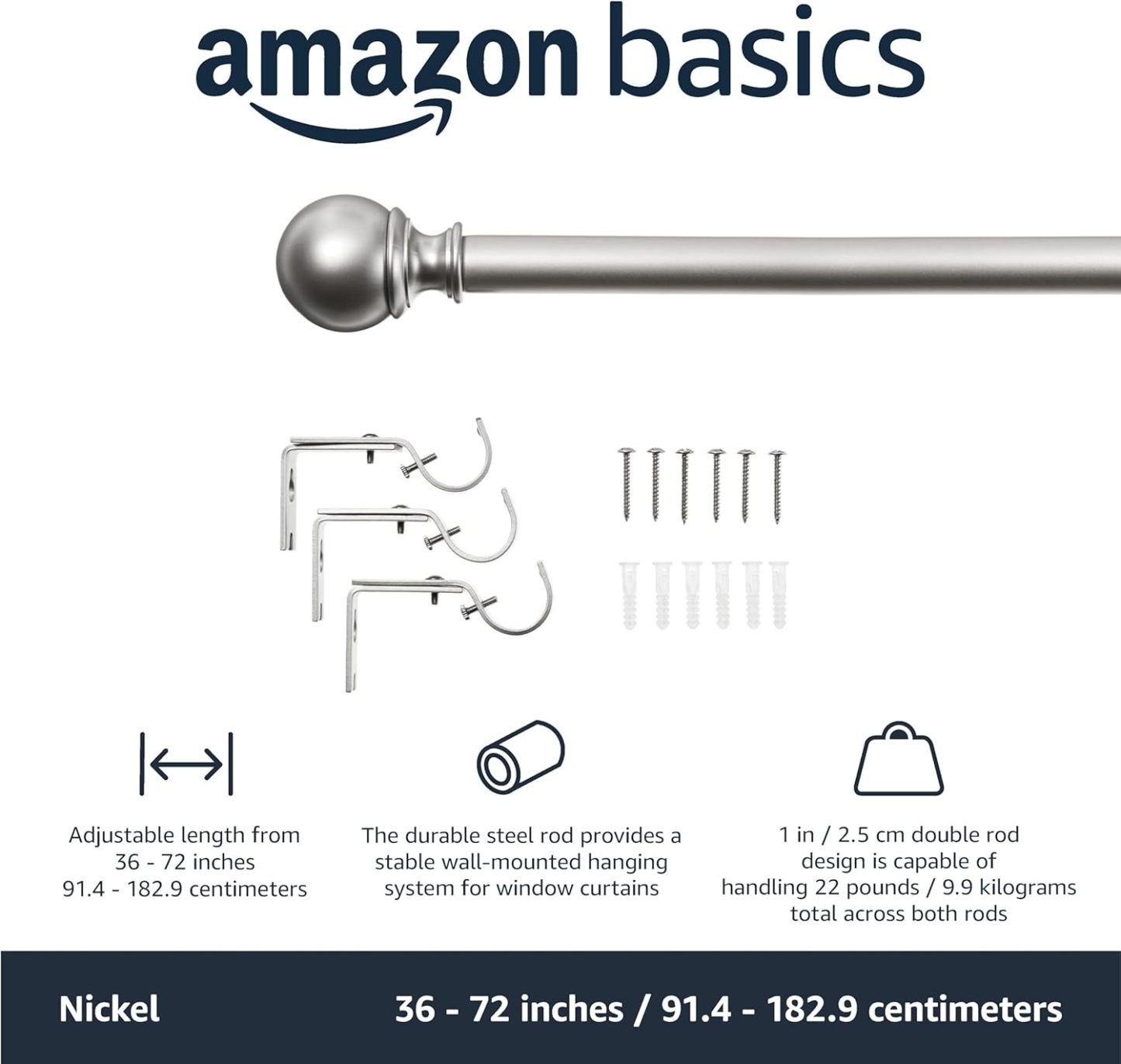 2.5cm Curtain Rod with Round Finials - 1-Pack, 183cm -366cm, Black