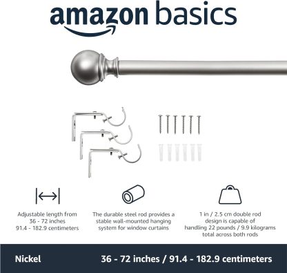 2.5cm Curtain Rod with Round Finials - 1-Pack, 183cm -366cm, Black