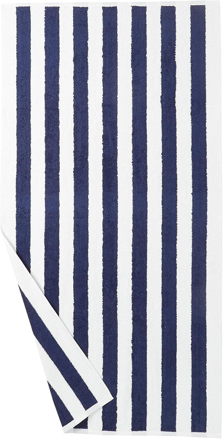 100% Cotton Terry Absorbent Cabana Stripe Pool & Beach Towel, Soft & Large, 2-Pack, Navy Blue, 30 in x 60 in