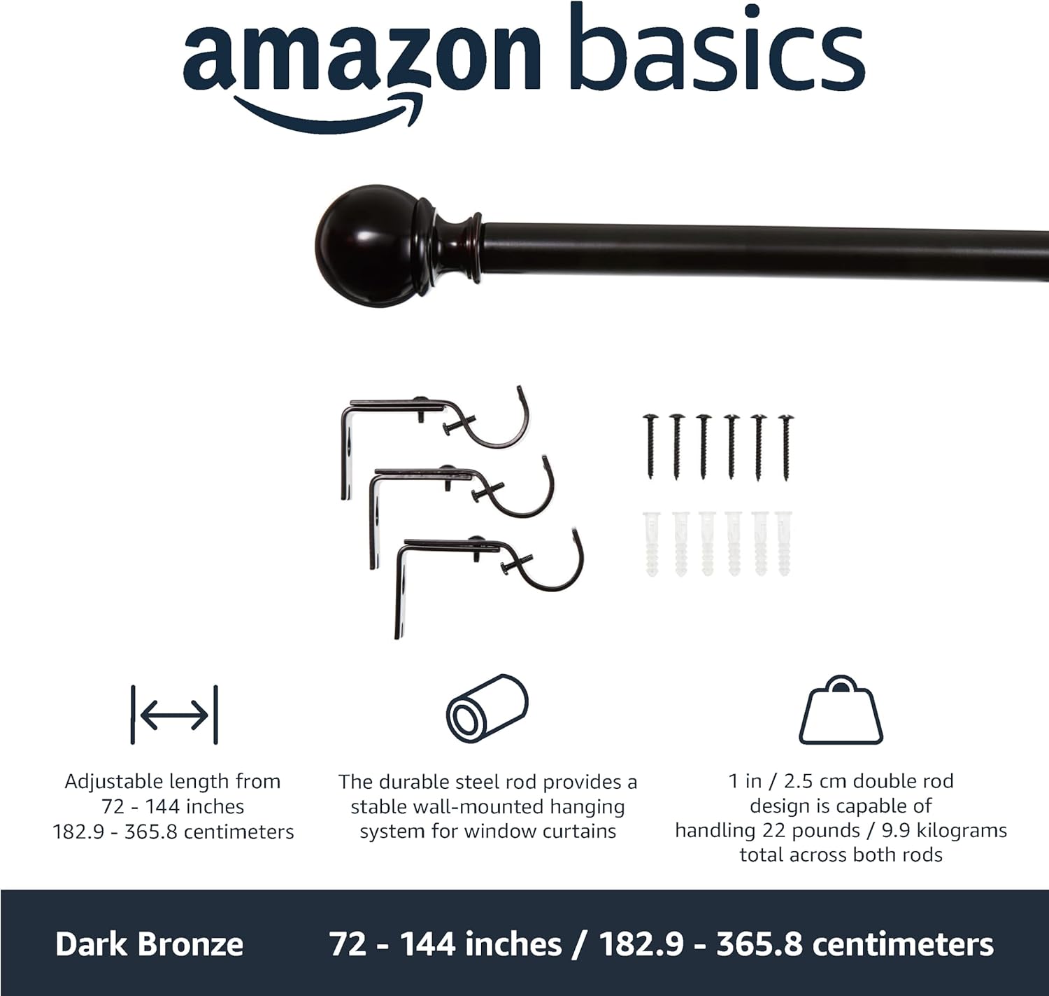 2.5cm Curtain Rod with Round Finials - 1-Pack, 183cm -366cm, Black