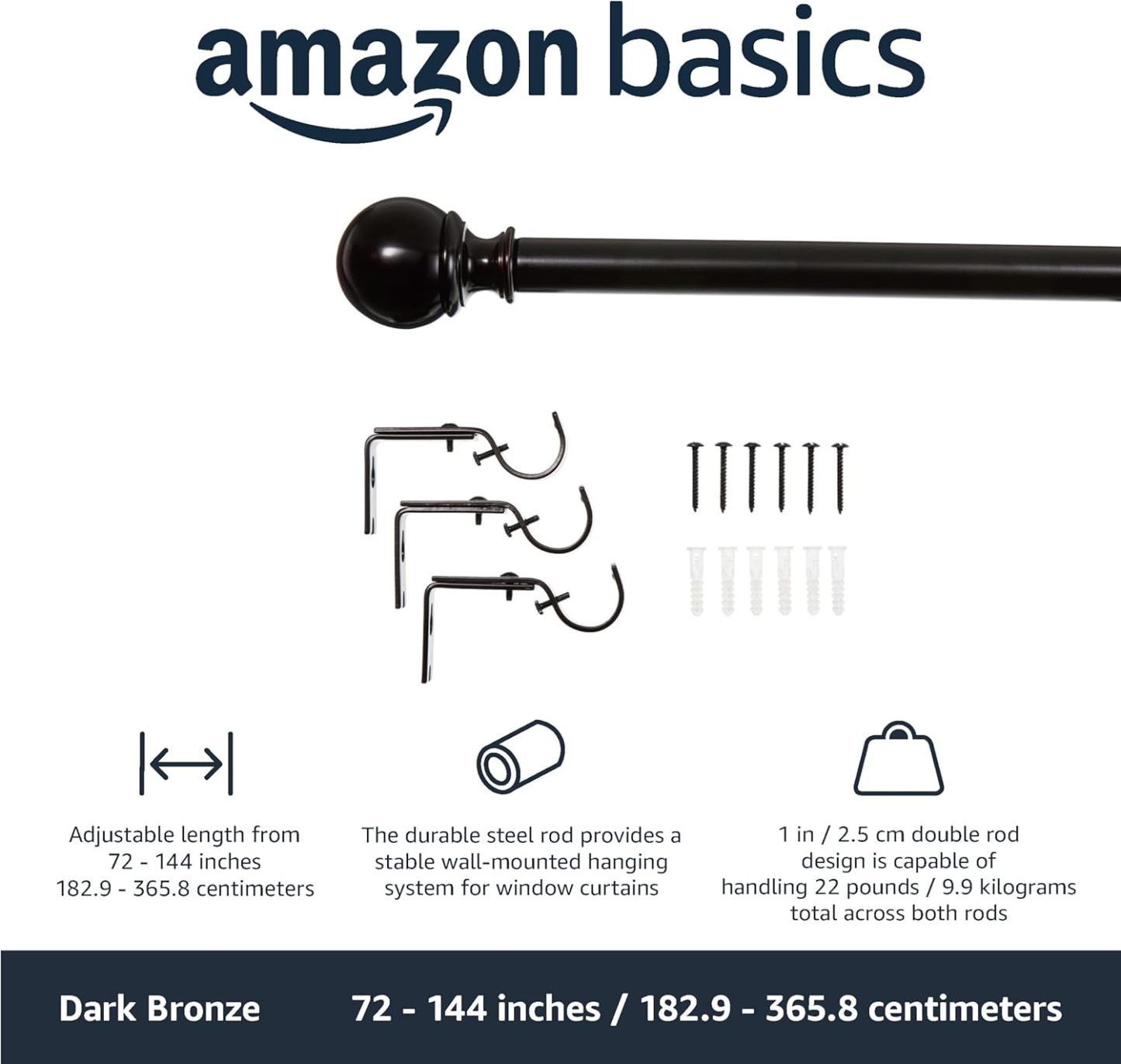 2.5cm Curtain Rod with Round Finials - 1-Pack, 183cm -366cm, Black