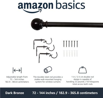 2.5cm Curtain Rod with Round Finials - 1-Pack, 183cm -366cm, Black