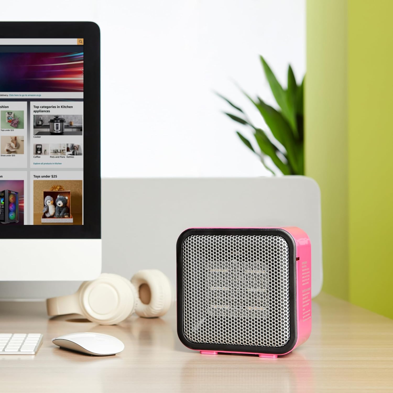 Ceramic Space Heater, Mini Heater for Office Desk, Portable Tent Heater for Camping (Indoor Use), With Tip-Over Protection, Lightweight (1.4 LBS), Pink, 5.8"D x 3.4"W x 6"H