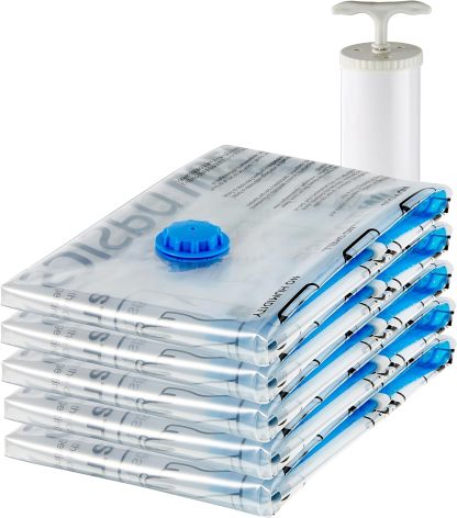 Vacuum Compression Space Saving Storage Bags with Hand Pump, Jumbo, Pack of 6, Clear