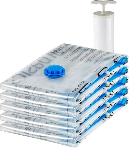 Vacuum Compression Space Saving Storage Bags with Hand Pump, Jumbo, Pack of 6, Clear