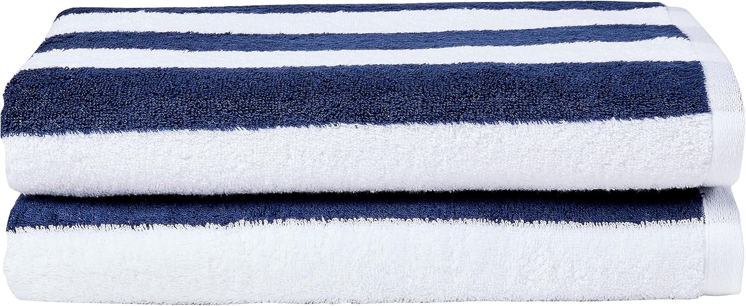100% Cotton Terry Absorbent Cabana Stripe Pool & Beach Towel, Soft & Large, 2-Pack, Navy Blue, 30 in x 60 in