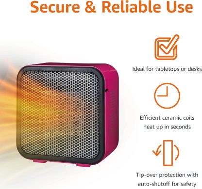 Ceramic Space Heater, Mini Heater for Office Desk, Portable Tent Heater for Camping (Indoor Use), With Tip-Over Protection, Lightweight (1.4 LBS), Pink, 5.8"D x 3.4"W x 6"H