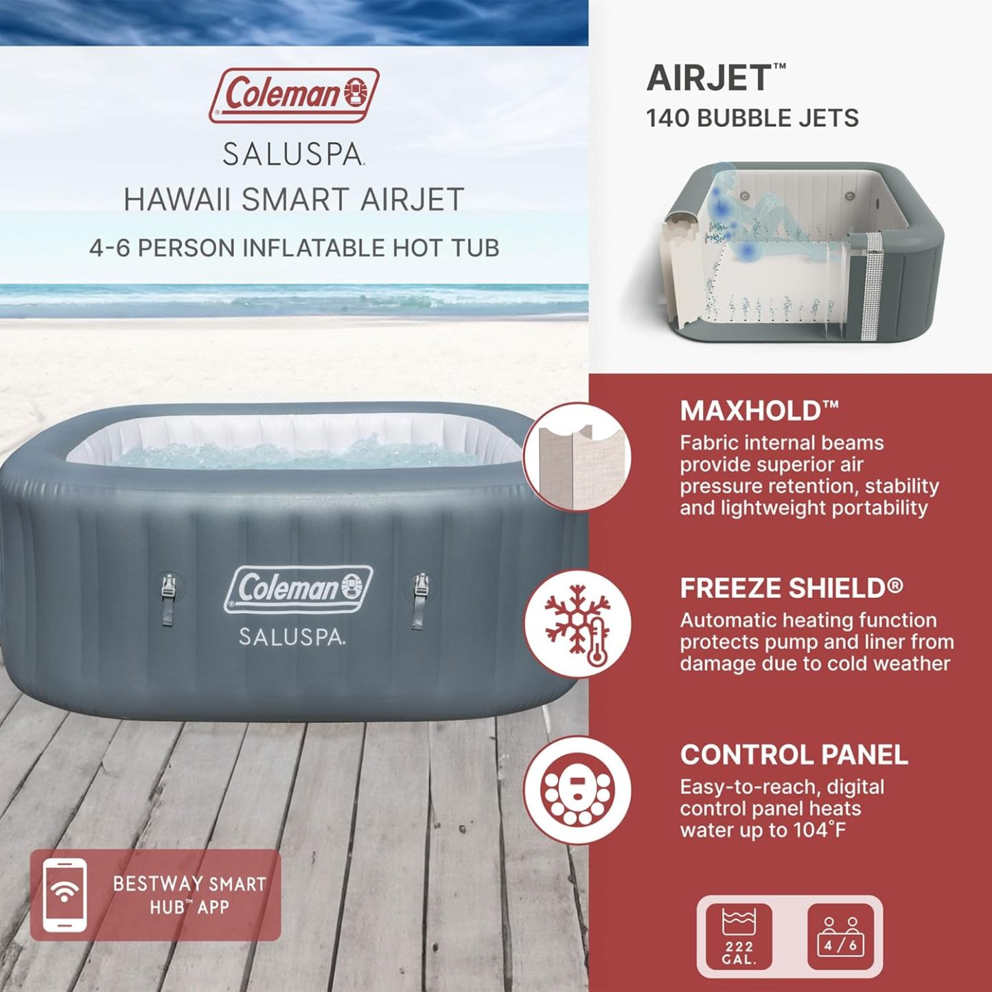 Coleman SaluSpa AirJet Inflatable Hot Tub Square Portable Outdoor Spa（4 to 6 Person）