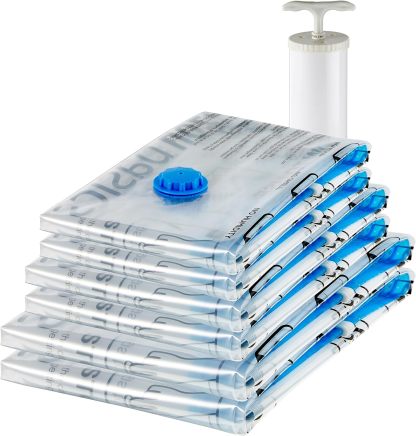 Vacuum Compression Space Saving Storage Bags with Hand Pump, Jumbo, Pack of 6, Clear