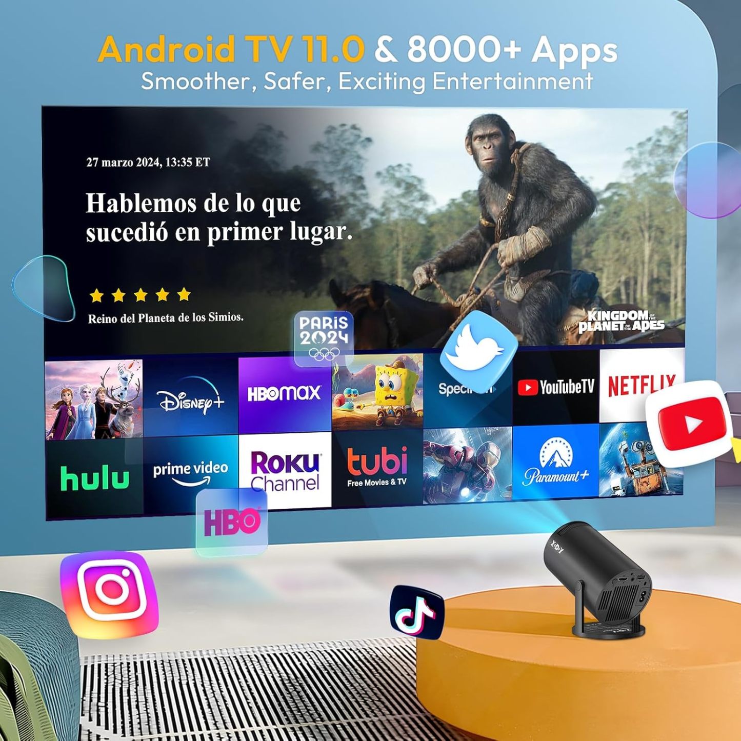 [2025 Upgraded & Android 11.0] Mini Projector Native 720P HD, Supports 4K 1080P, XGODY Gimbal 3 Portable Projector 12000 Lumen, WiFi 6, Bluetooth, Auto Keystone, Video Projector for Home Cinema