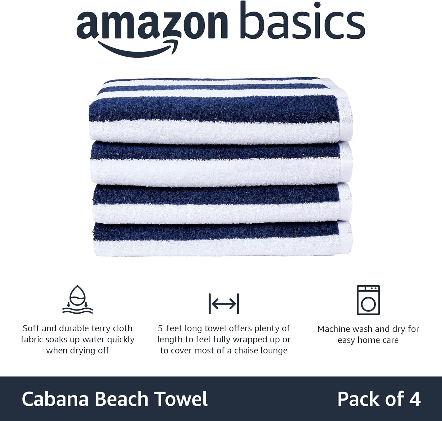 100% Cotton Terry Absorbent Cabana Stripe Pool & Beach Towel, Soft & Large, 2-Pack, Navy Blue, 30 in x 60 in