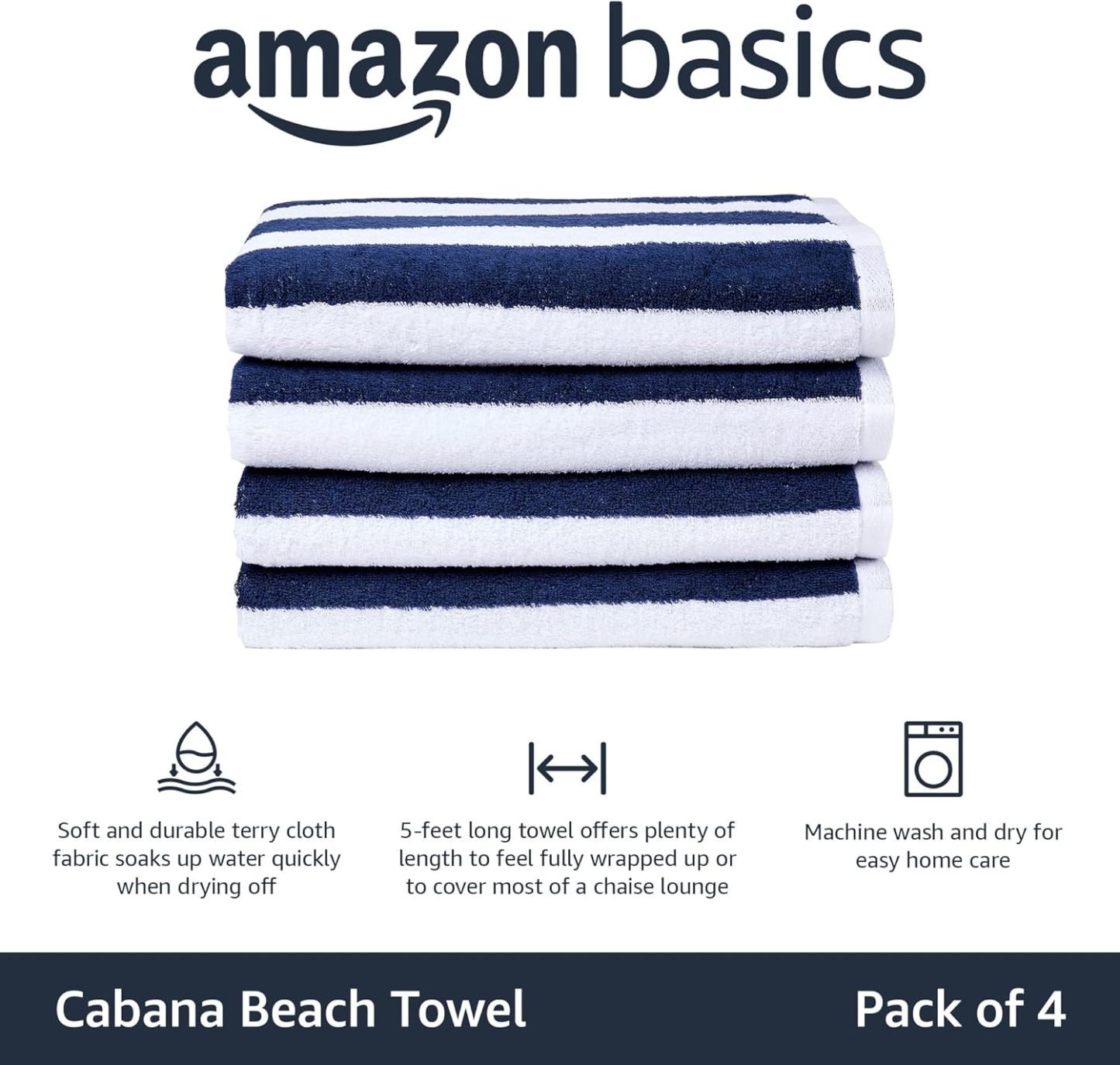 100% Cotton Terry Absorbent Cabana Stripe Pool & Beach Towel, Soft & Large, 2-Pack, Navy Blue, 30 in x 60 in