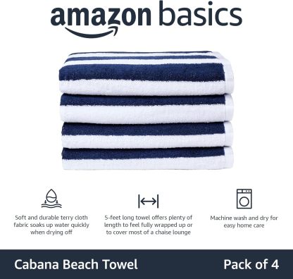 100% Cotton Terry Absorbent Cabana Stripe Pool & Beach Towel, Soft & Large, 2-Pack, Navy Blue, 30 in x 60 in