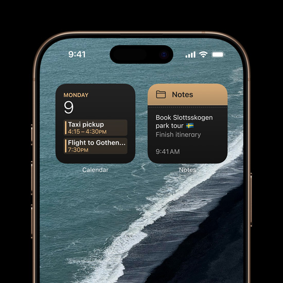iPhone 16 Pro 的主屏幕顶部有日历和便笺弹出窗口,可进行个性化设置