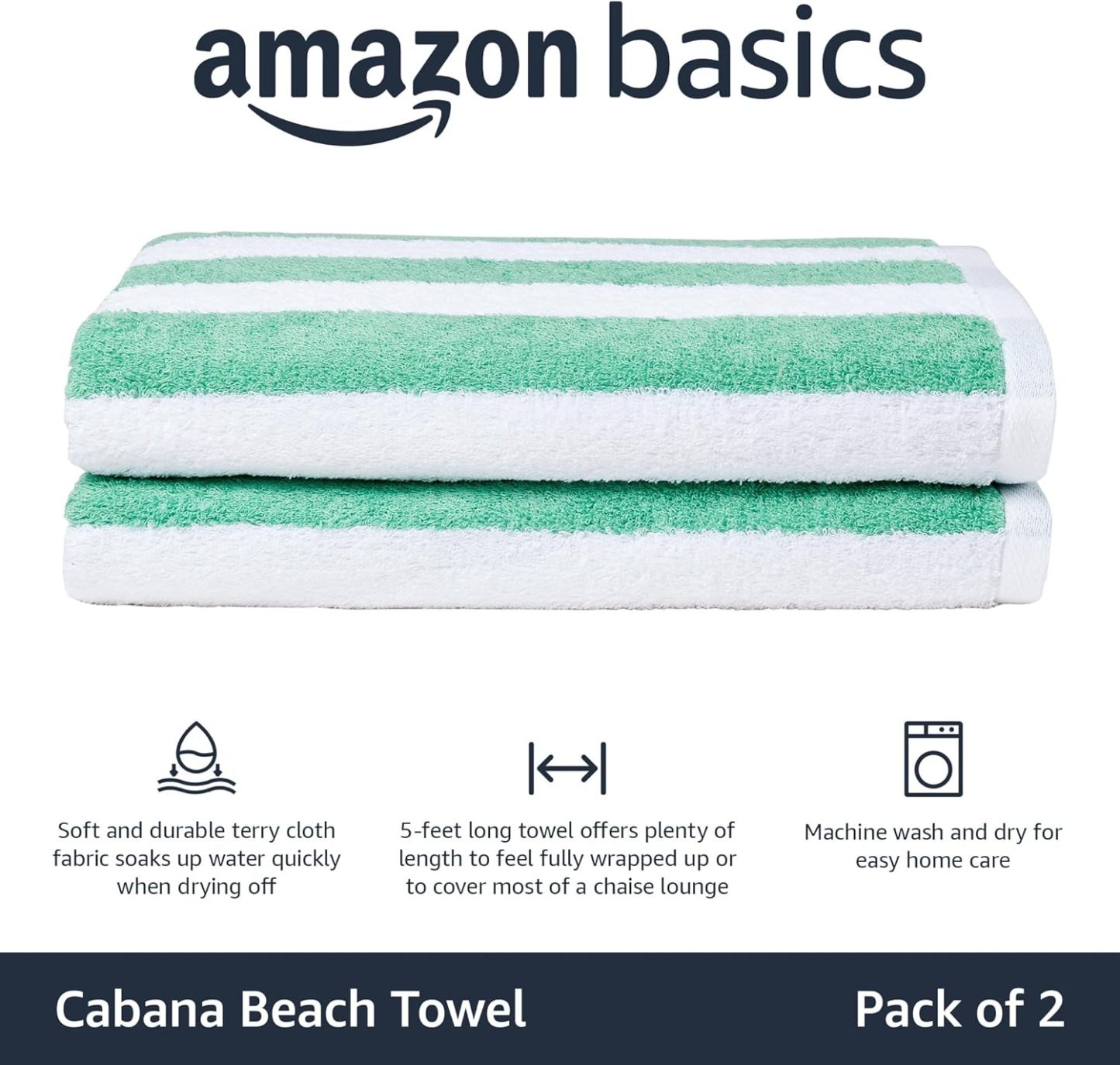 100% Cotton Terry Absorbent Cabana Stripe Pool & Beach Towel, Soft & Large, 2-Pack, Navy Blue, 30 in x 60 in