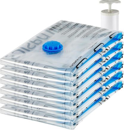 Vacuum Compression Space Saving Storage Bags with Hand Pump, Jumbo, Pack of 6, Clear